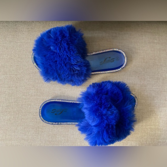 Super Jack Rhinestone Jelly Slide- On’s - Royal Blue - Faux Feather/ Size 10 - Picture 7 of 8